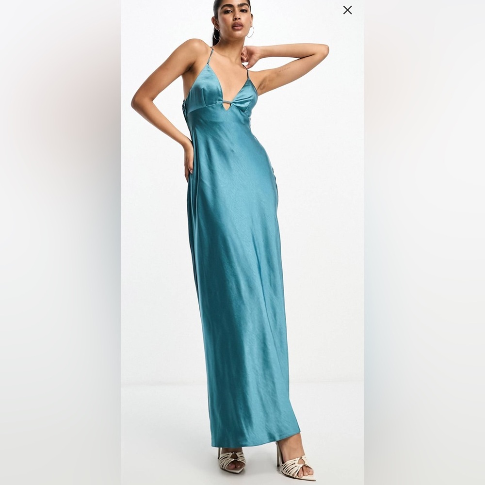 ASOS DESIGN textured satin cami maxi slip dress with bar detail in steel blue
